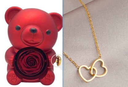 Rotating Eternal Rose Teddy Bear Jewelry Box with Necklace