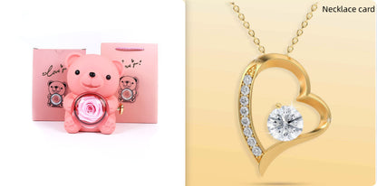 Rotating Eternal Rose Teddy Bear Jewelry Box with Necklace