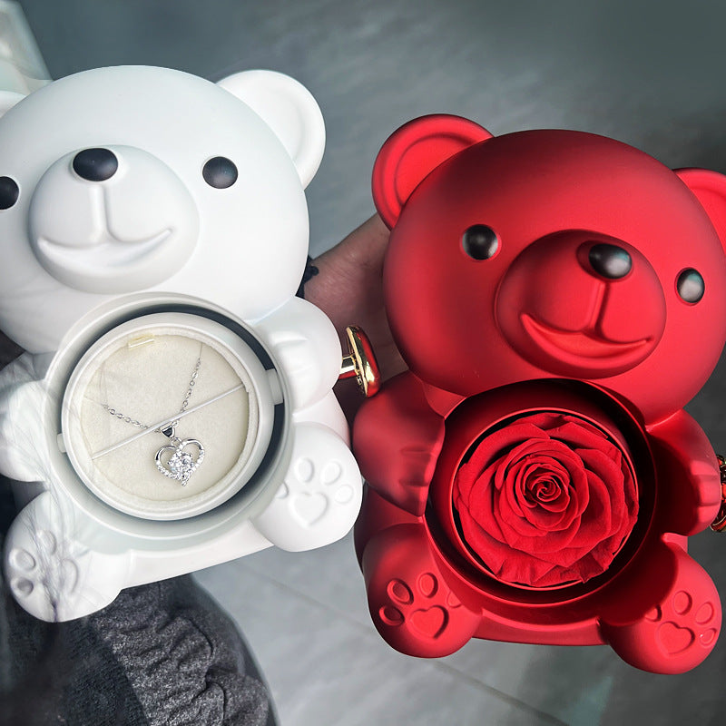 Rotating Eternal Rose Teddy Bear Jewelry Box with Necklace