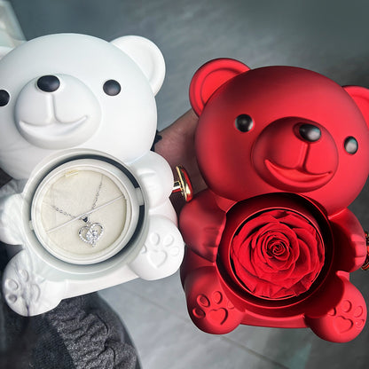 Rotating Eternal Rose Teddy Bear Jewelry Box with Necklace
