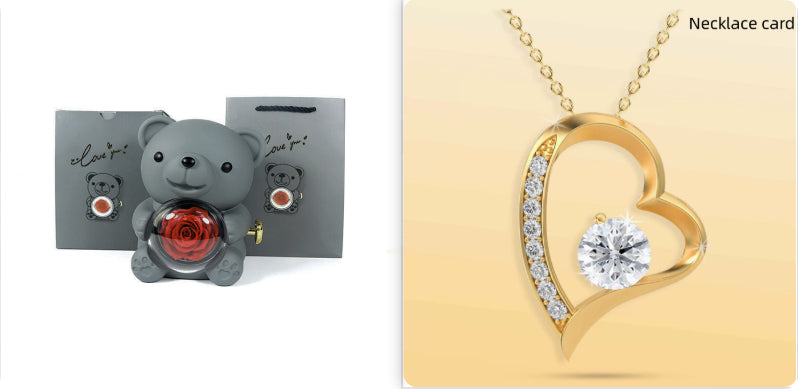 Rotating Eternal Rose Teddy Bear Jewelry Box with Necklace