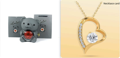 Rotating Eternal Rose Teddy Bear Jewelry Box with Necklace