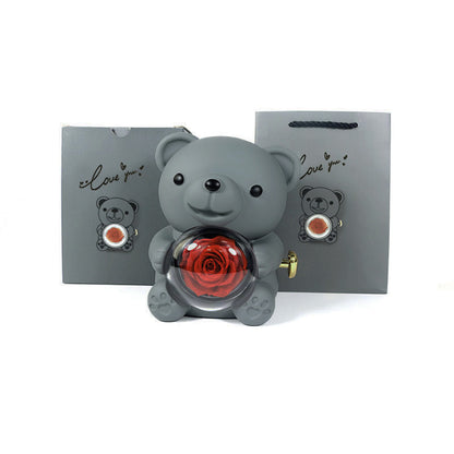 Rotating Eternal Rose Teddy Bear Jewelry Box with Necklace