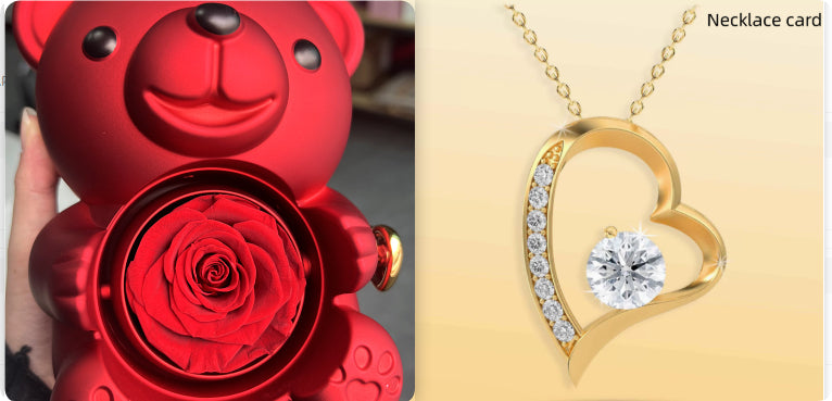 Rotating Eternal Rose Teddy Bear Jewelry Box with Necklace