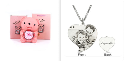 Rotating Eternal Rose Teddy Bear Jewelry Box with Necklace