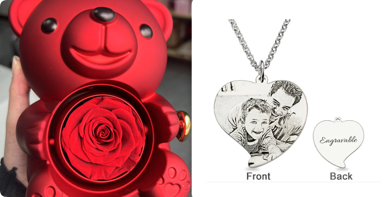Rotating Eternal Rose Teddy Bear Jewelry Box with Necklace