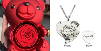 Rotating Eternal Rose Teddy Bear Jewelry Box with Necklace