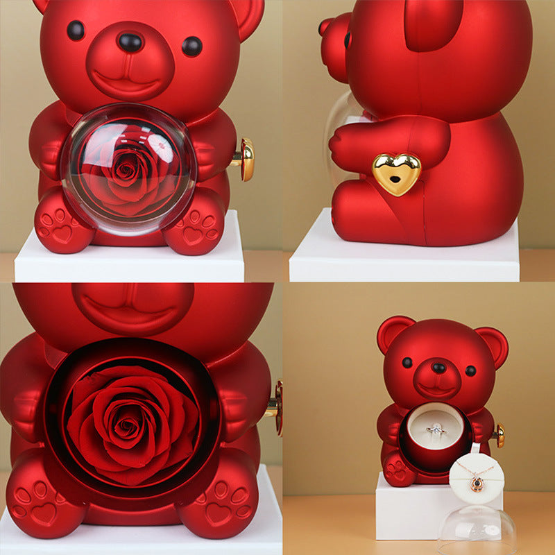 Rotating Eternal Rose Teddy Bear Jewelry Box with Necklace