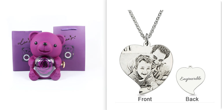 Rotating Eternal Rose Teddy Bear Jewelry Box with Necklace