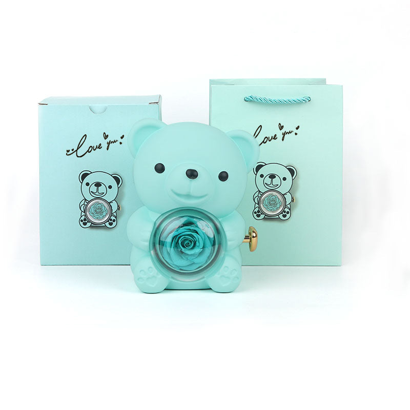 Rotating Eternal Rose Teddy Bear Jewelry Box with Necklace
