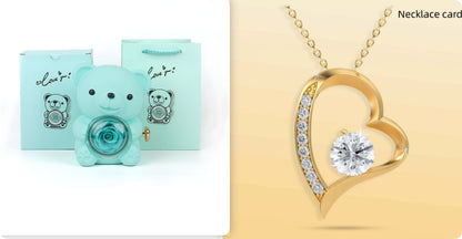 Rotating Eternal Rose Teddy Bear Jewelry Box with Necklace