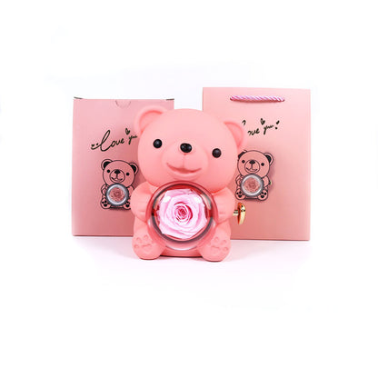 Rotating Eternal Rose Teddy Bear Jewelry Box with Necklace