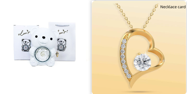 Rotating Eternal Rose Teddy Bear Jewelry Box with Necklace