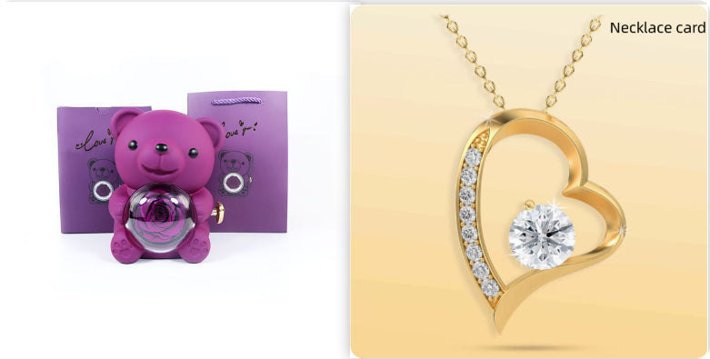 Rotating Eternal Rose Teddy Bear Jewelry Box with Necklace