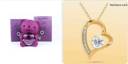 Rotating Eternal Rose Teddy Bear Jewelry Box with Necklace